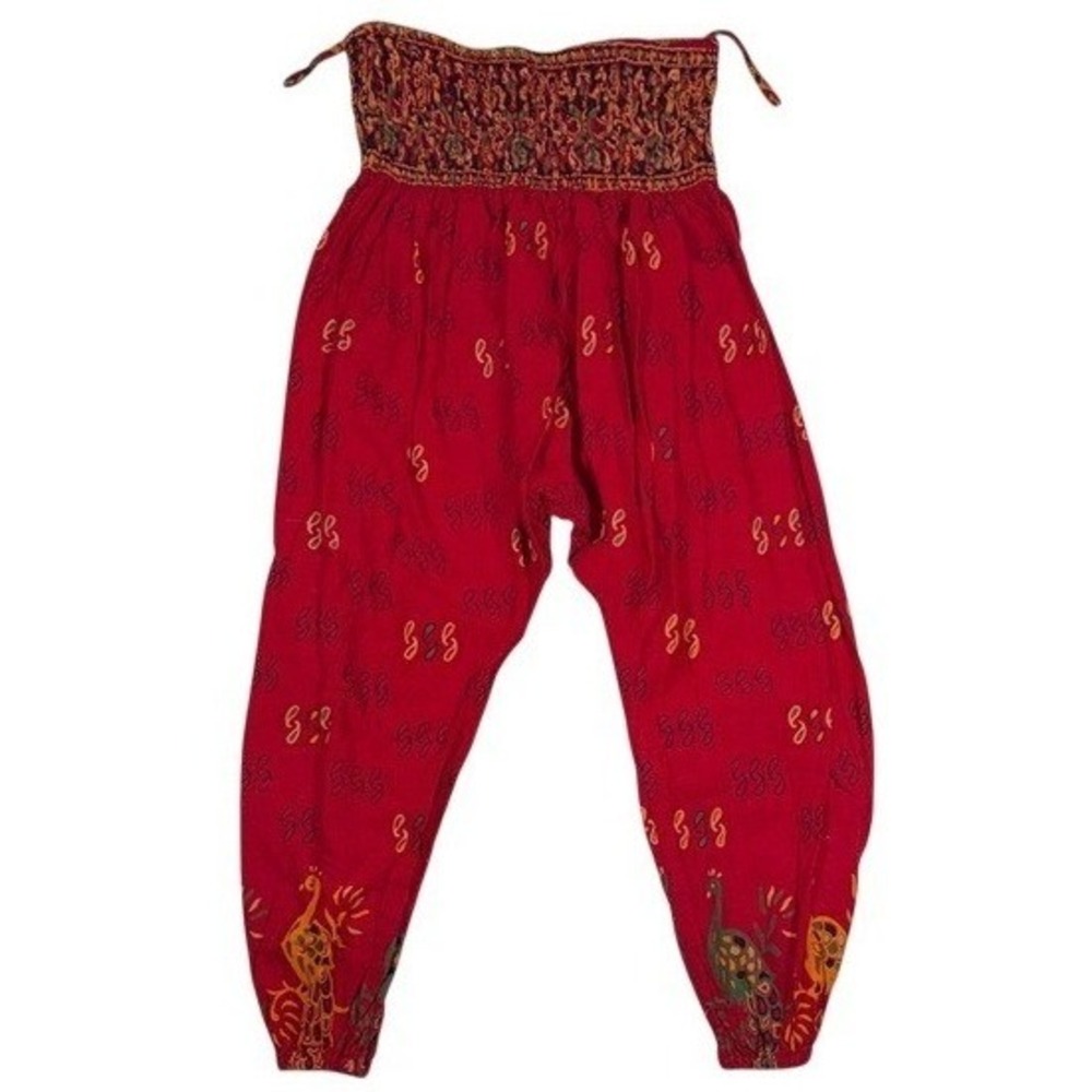 Red Peacock Print Smocked Waist Harem Pants Boho Hippie Genie Joggers Womens
